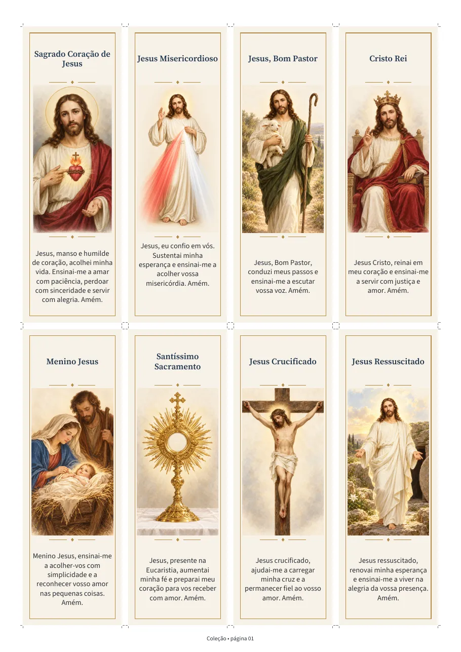 Folha A4 com oito marcadores de devoções a Jesus