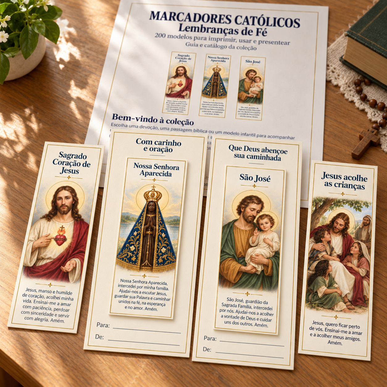Quatro marcadores e dois suportes para dedicatória sobre a mesa, diante do guia