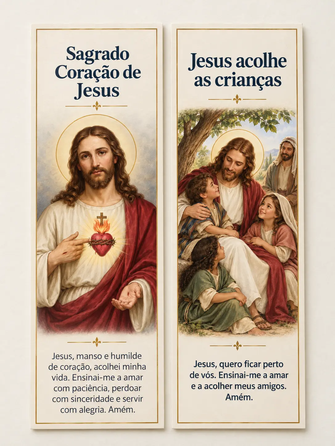 Marcadores do Sagrado Coração de Jesus e de Jesus acolhendo as crianças
